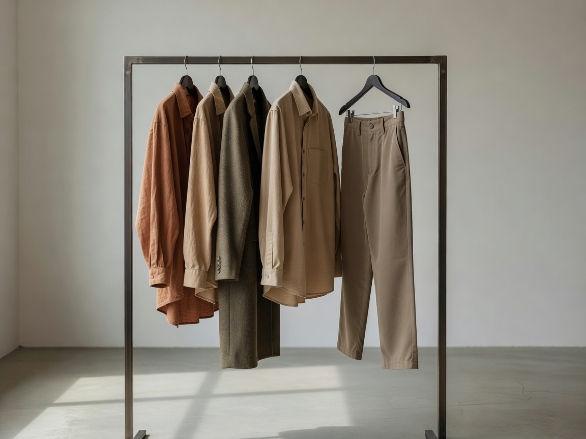 Curated minimal clothing rack with earth tones