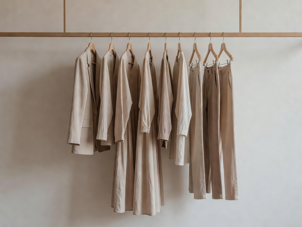 Minimalist organic capsule clothing hanging neatly