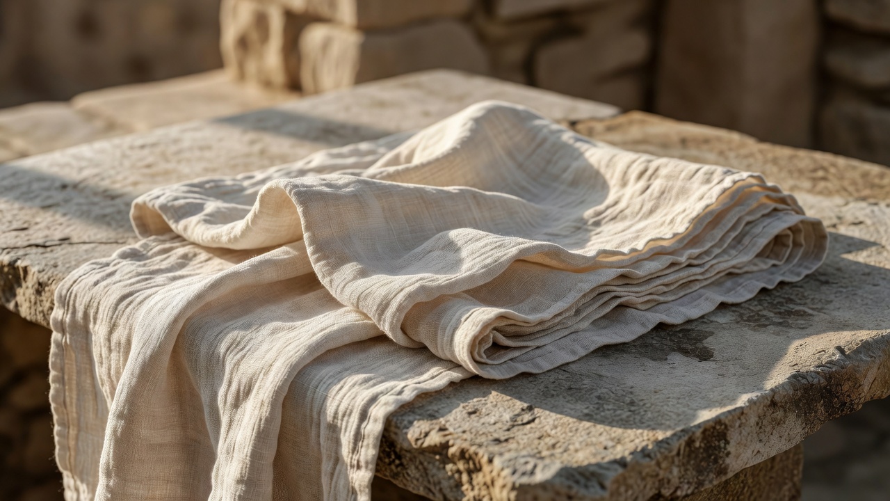 Natural woven linen textile folded on stone table